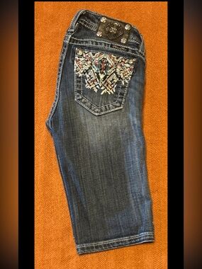 Girls Miss Me Bermuda Jean Shorts Size 12 Rhinestone Embellished Aztec Blue